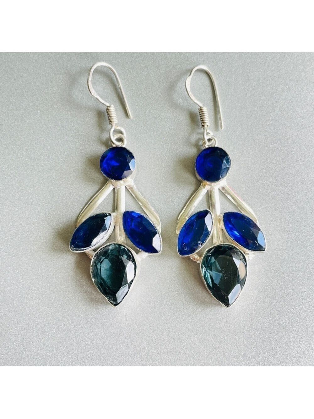 Blue Crystal Glass Paste Floral Cluster Dangle Hook Earrings in Sterling…
